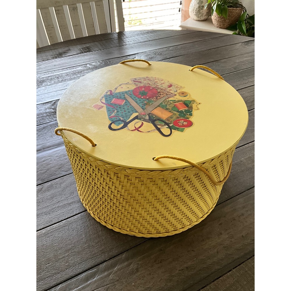 Vintage Princess Algonquin Yellow Wicker Sewing Basket with Notions Thread Kit